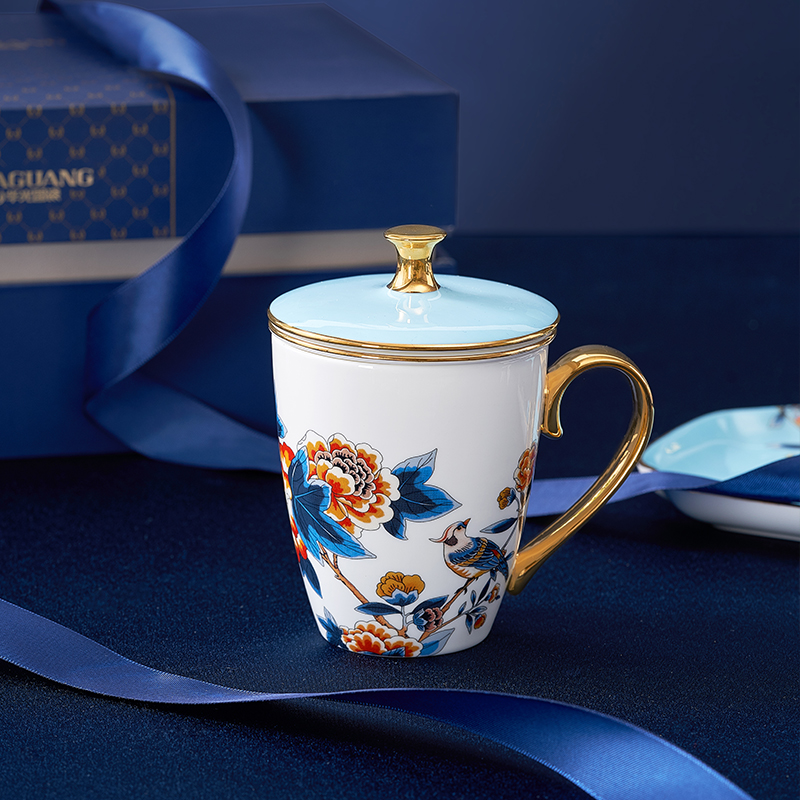 华光国瓷描金主人杯家用高档国潮带盖创意升升不息盖杯