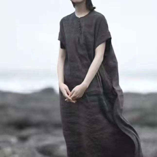 左岸迷香泥咖色休闲复古连衣裙夏季圆领女装纯色中长款宽松5004