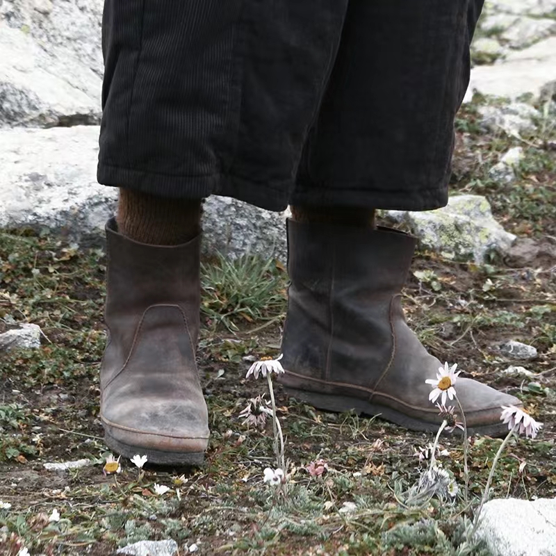 左岸迷香 复古油皮短筒靴 圆头皮鞋 牛皮鞋 棕色 百搭平底靴 