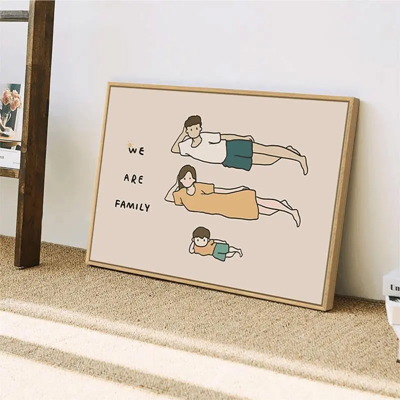 一家三口温馨装饰画北欧原木风卧室壁画奶油系餐厅斗柜四口人挂画