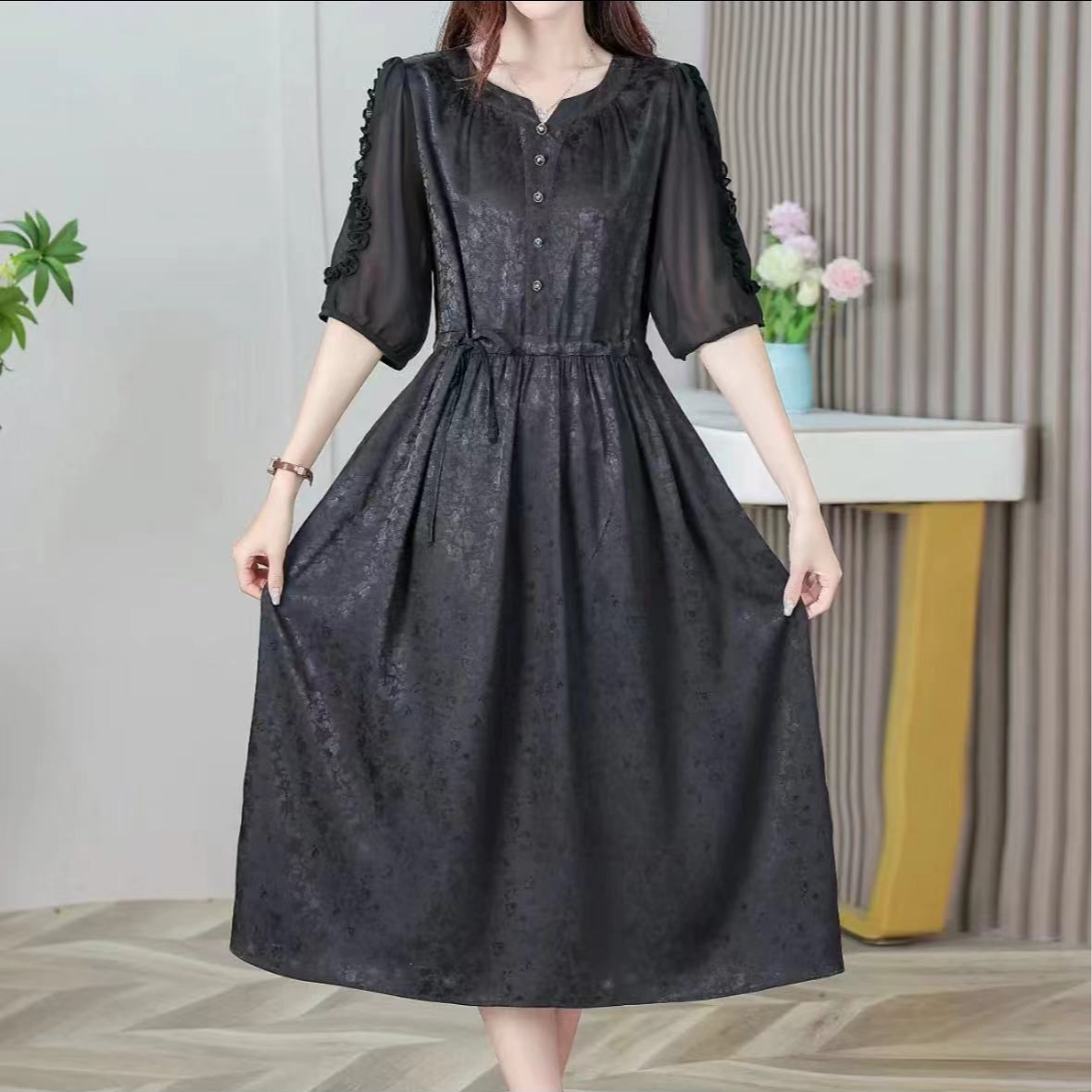 0481夏季新款优雅妈妈装洋气显瘦气质时尚女装连衣裙遮肚