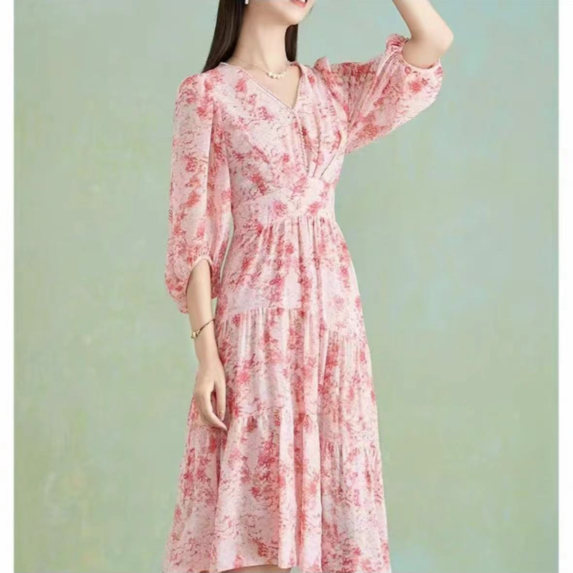 0629粉面桃花透气裙子妈妈装秋冬季新款夏装洋气女装连衣裙