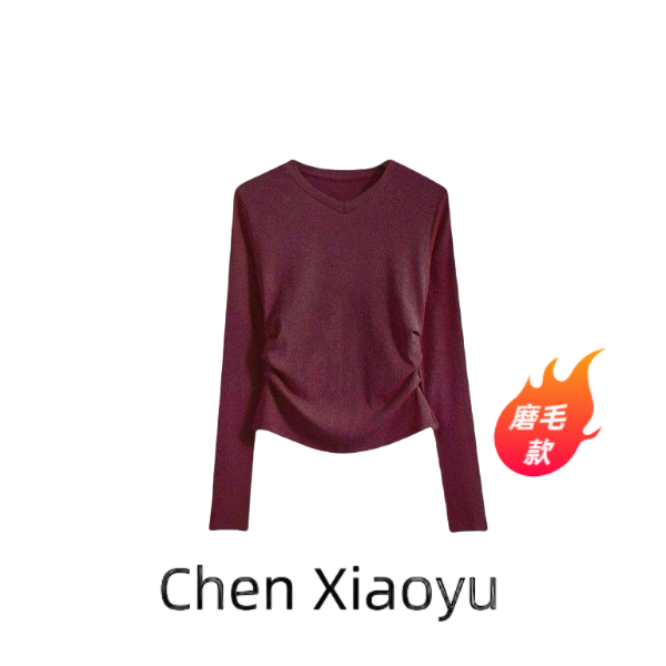 【磨毛款-小蛮腰鸡心领】柔软设计感褶皱正肩长袖T恤内搭上衣女