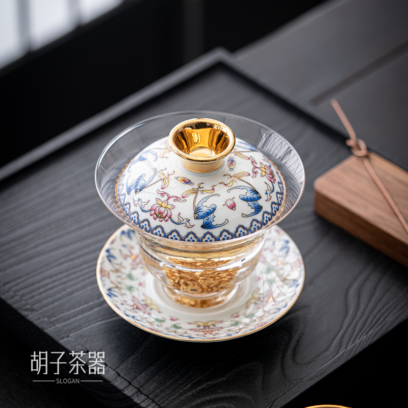 胡子 珐琅彩满彩藏金三才盖碗茶碗泡茶杯玻璃耐热功夫茶具-3535