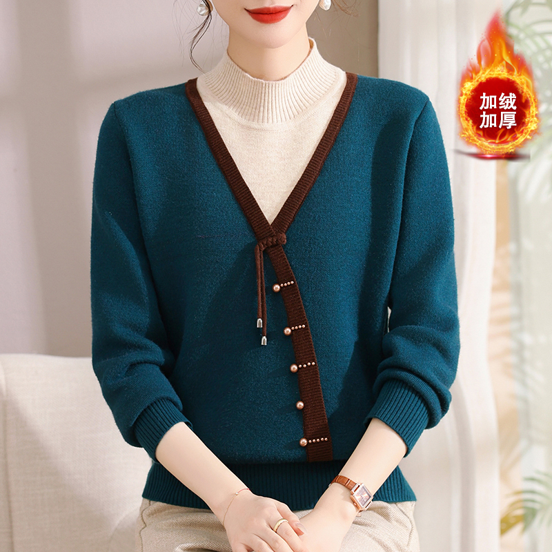 新中式国风妈妈装加绒毛衣秋冬新款中老年女洋气时尚假两件打底衫