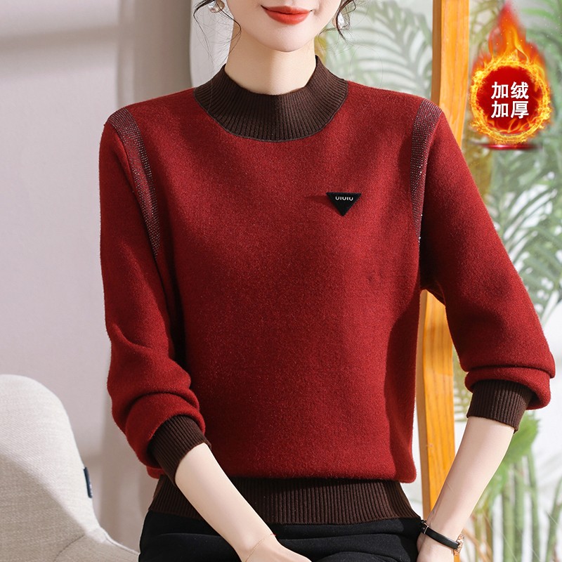 2024冬季新款圆领拼接套头女式休闲针织打底衫时尚加绒加厚保暖