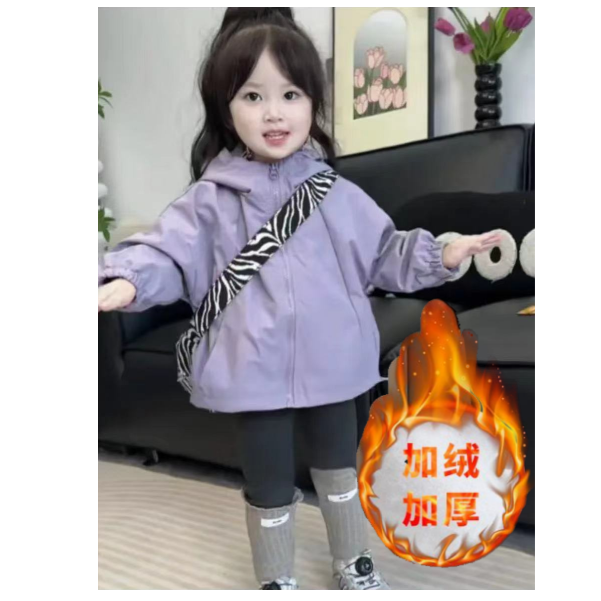 女童秋冬加绒新款套装连帽夹棉外套女宝宝百搭打底裤洋气女童套装