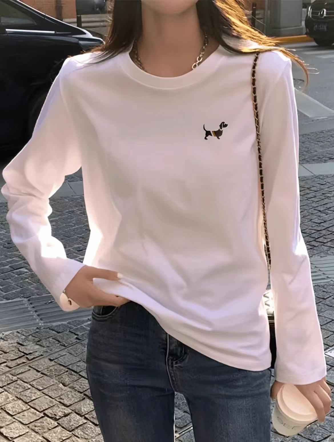 6666港风时尚潮白色纯棉百搭流春夏卡通印花圆领长袖T恤-D小狗