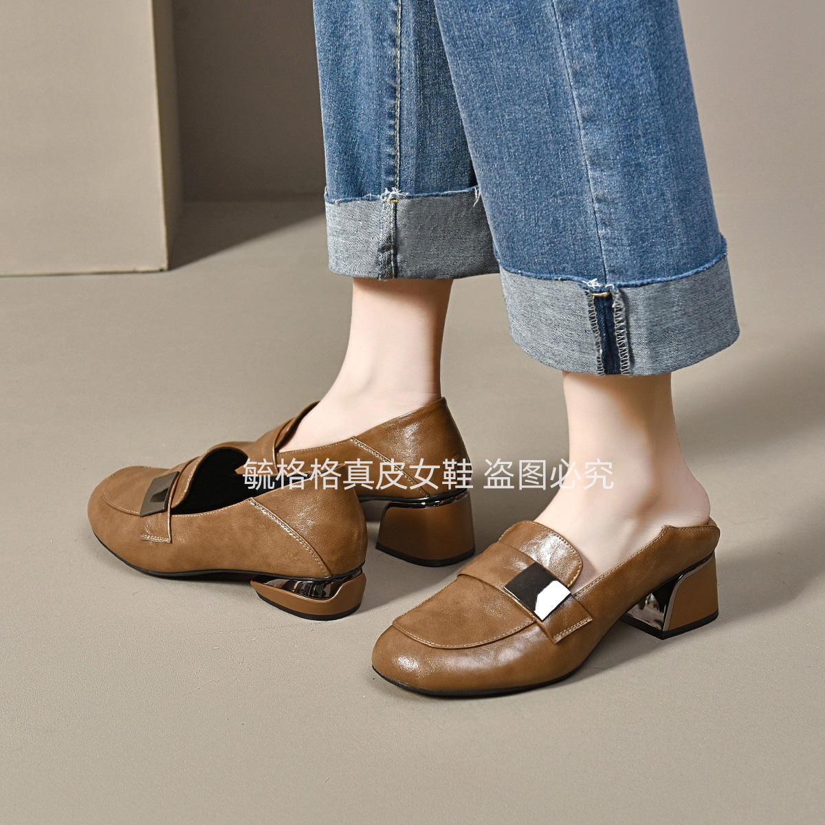 昔子5228春季新款女鞋单鞋粗跟软底中跟低跟百搭真小夏季豆豆鞋女