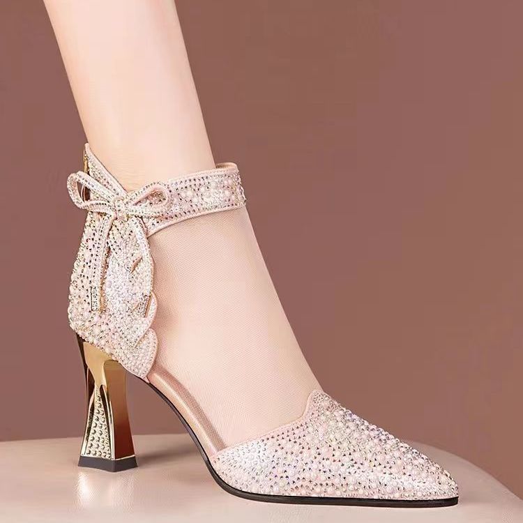 2025夏季水钻网纱凉靴新款尖头高跟鞋时尚软皮网靴高跟女凉鞋
