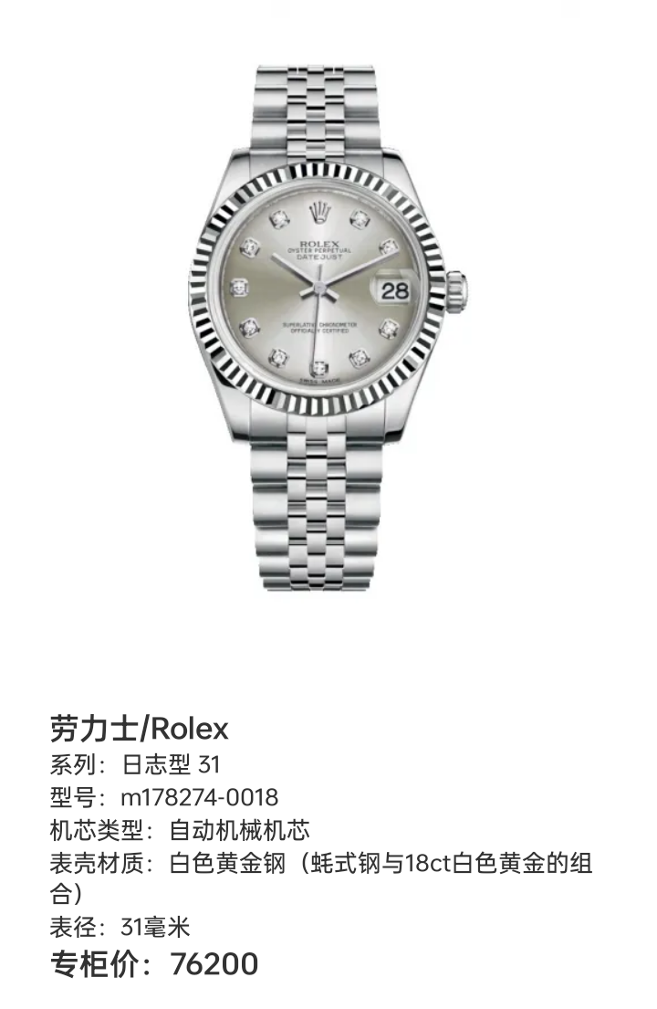 99新 Rolex/劳力士  日志型 31  白色黄金钢  