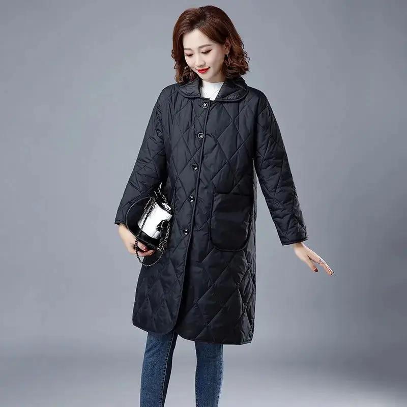 轻薄羽绒服服女2022秋冬中长款菱形格娃娃领宽松大码单排扣外