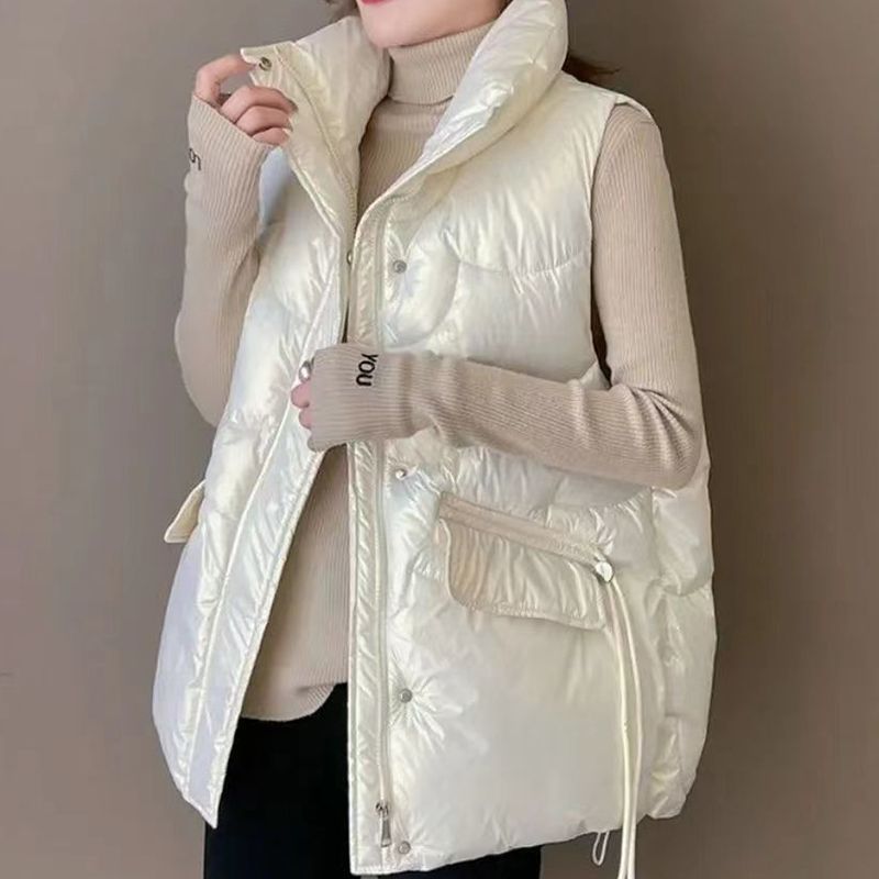 新款2023亮面免洗韩版羽绒服马甲女短款宽松立领马夹冬季外