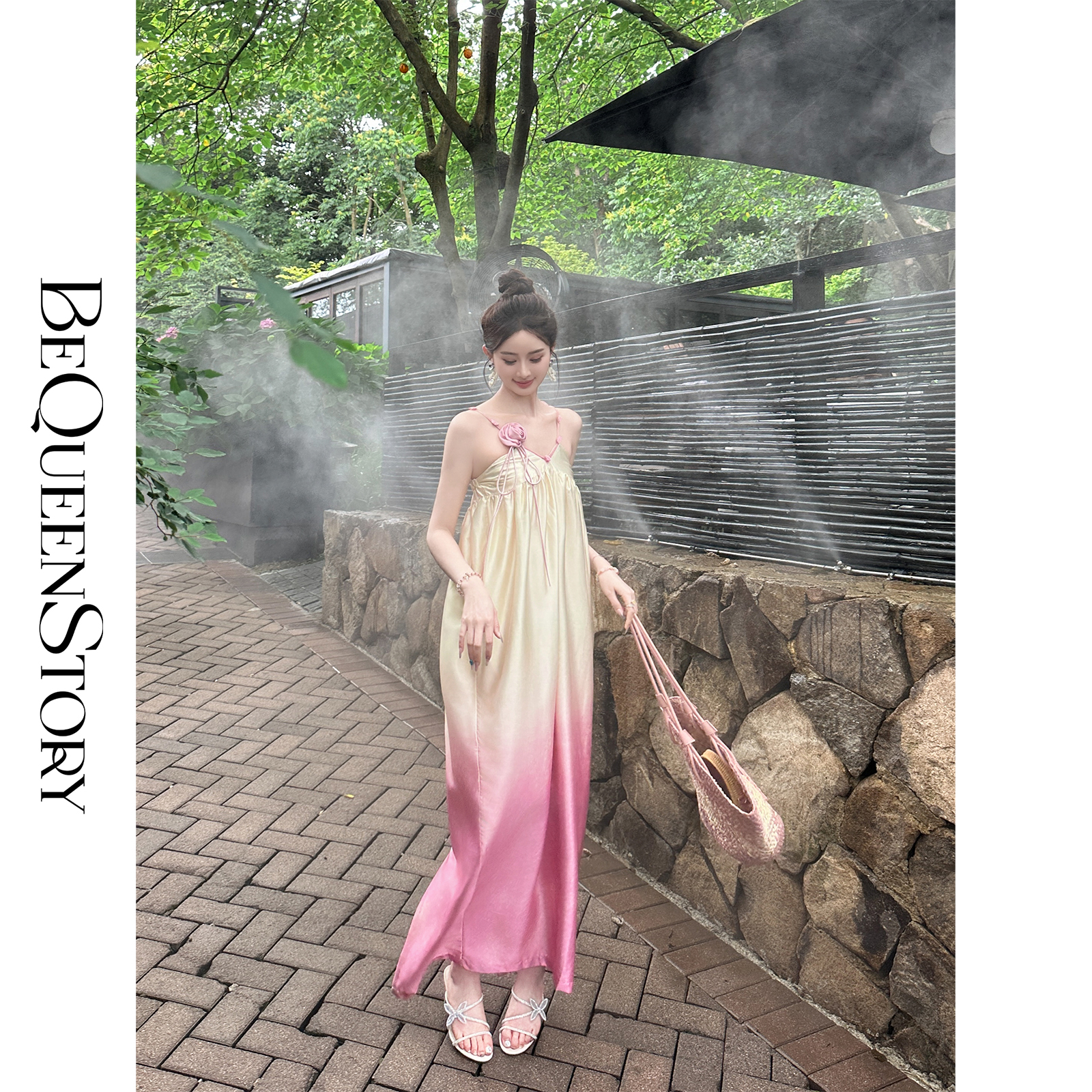 BeQueenStory【含苞待放】法式立体花朵渐变连衣裙气质高级感长裙