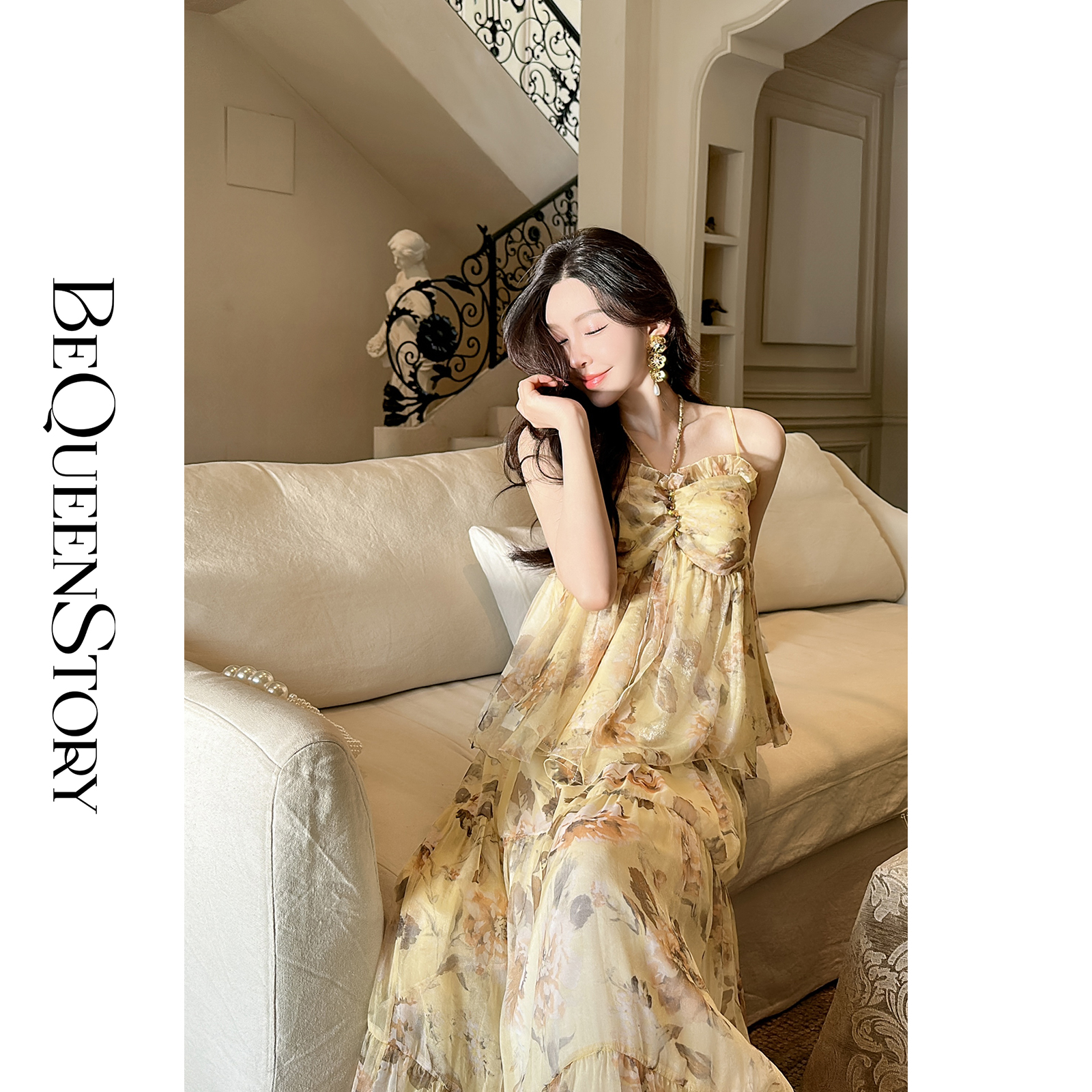 BeQueenStory【銮金花事】复古印花亮丝绉吊带上衣&伞摆半裙套装