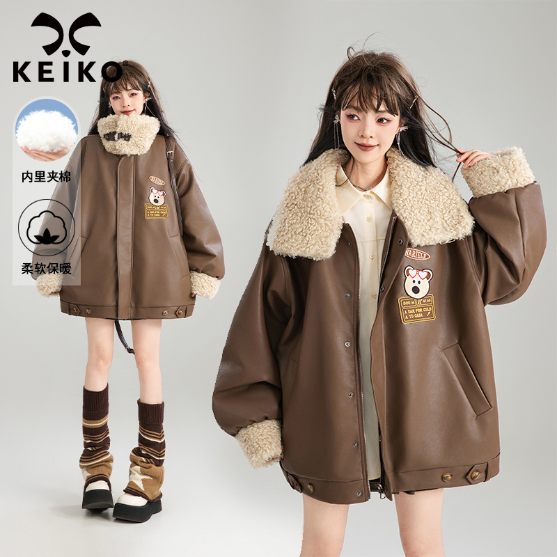 KEIKO [夹棉/保暖] 美拉徳皮衣棉服秋冬复古宽松毛领夹克外套