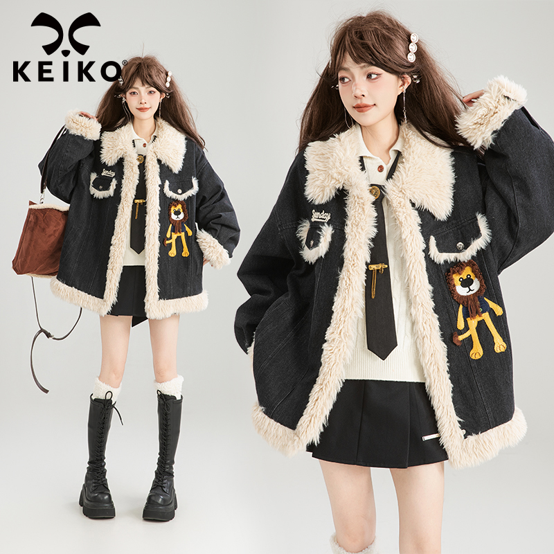 KEIKO [夹棉/保暖] 羔毛拼接翻领牛仔棉服女冬季美式宽松外套