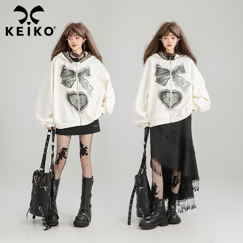 KEIKO 美式复古印花卫衣外套加绒秋冬oversize白色拉链连帽开衫
