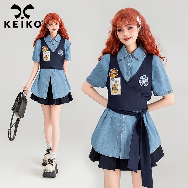 KEIKO 酷飒两件套短袖衬衫女24夏季美式薄款牛仔上衣+系带小背心