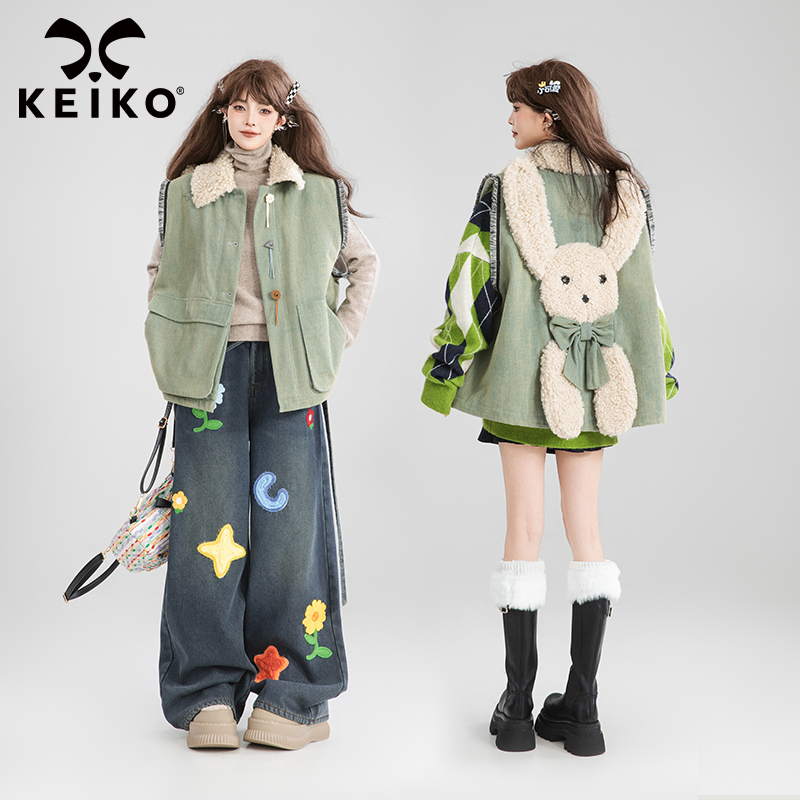 KEIKO [夹棉/保暖] 萌兔饰牛仔棉服马甲冬季设计感加厚背心外套