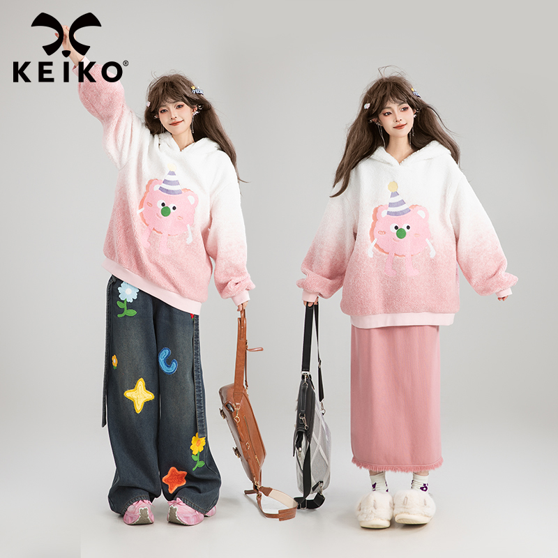 KEIKO [重工刺绣] 渐变色羔毛卫衣女秋冬甜美减龄粉色连帽外套
