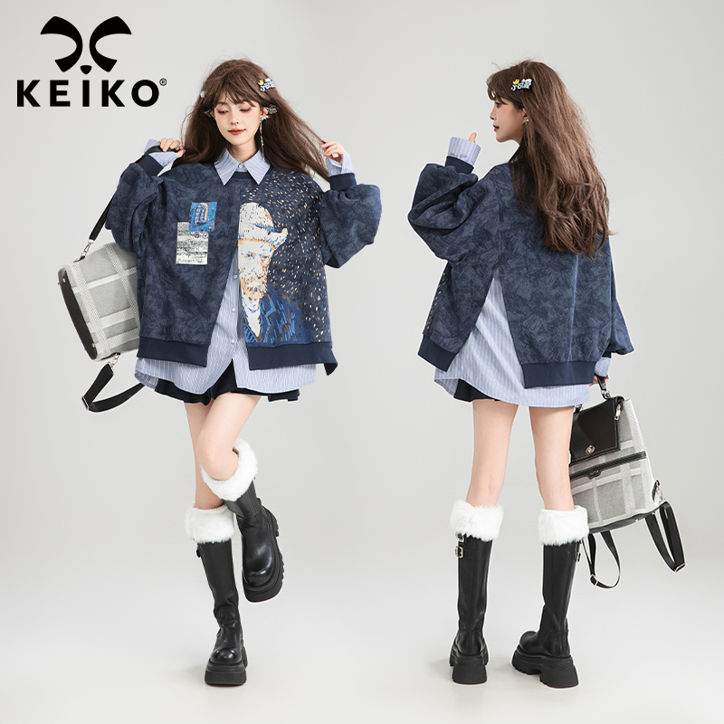 KEIKO 法式文艺假两件卫衣女新款艺术生风格小众外套