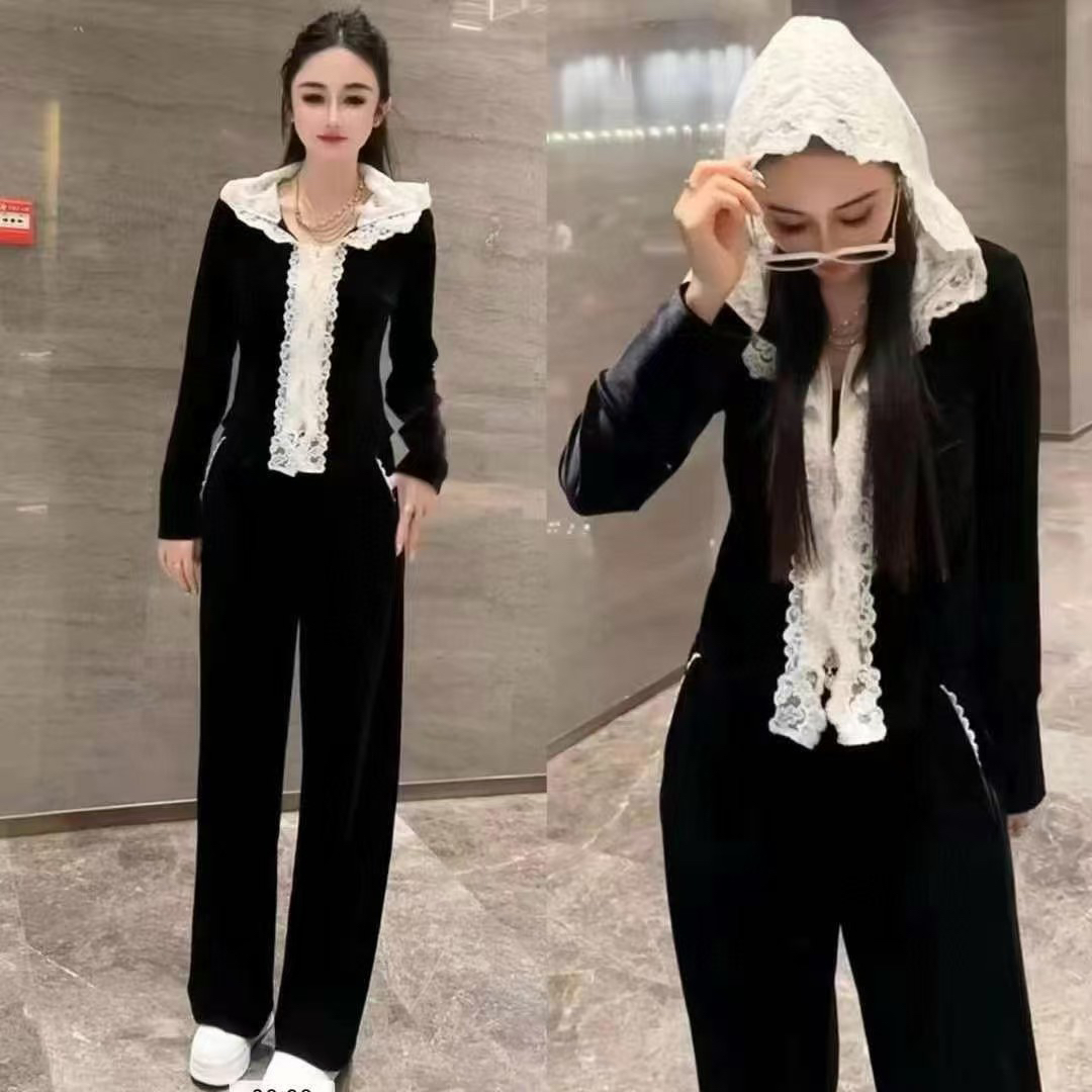 2025秋季新款高级感设计蕾丝拼真丝丝绒显瘦套装