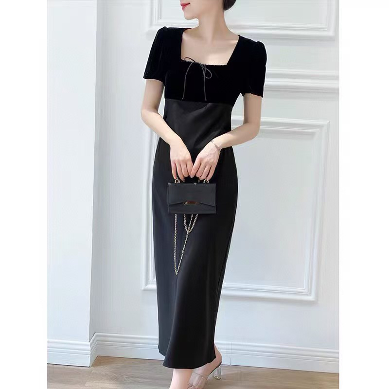 法式真丝丝绒拼接醋酸显瘦气质连衣裙