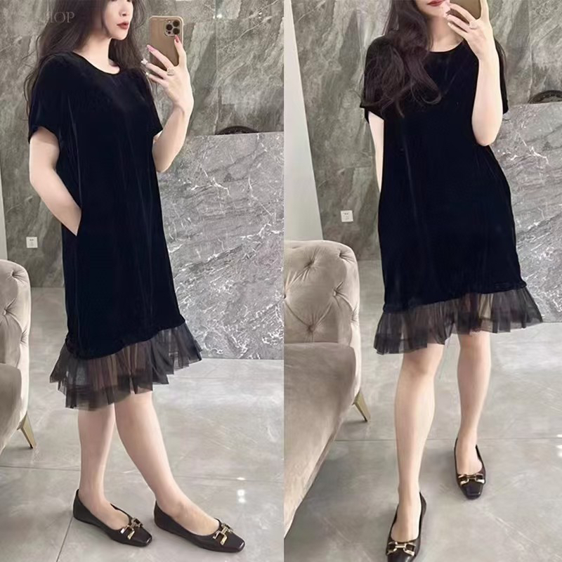 2025春秋真丝丝绒拼网纱显瘦气质下摆拼接连衣裙