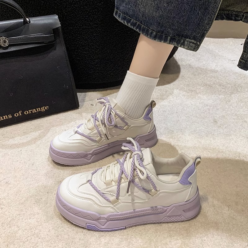 百丽王鞋子女秋季2024年新款配裙子小白鞋百搭紫色运动板鞋女鞋