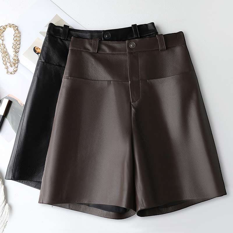 2025新款宽松真皮皮裤女士皮短裤高腰五分裤直筒裤中裤休闲裤外穿
