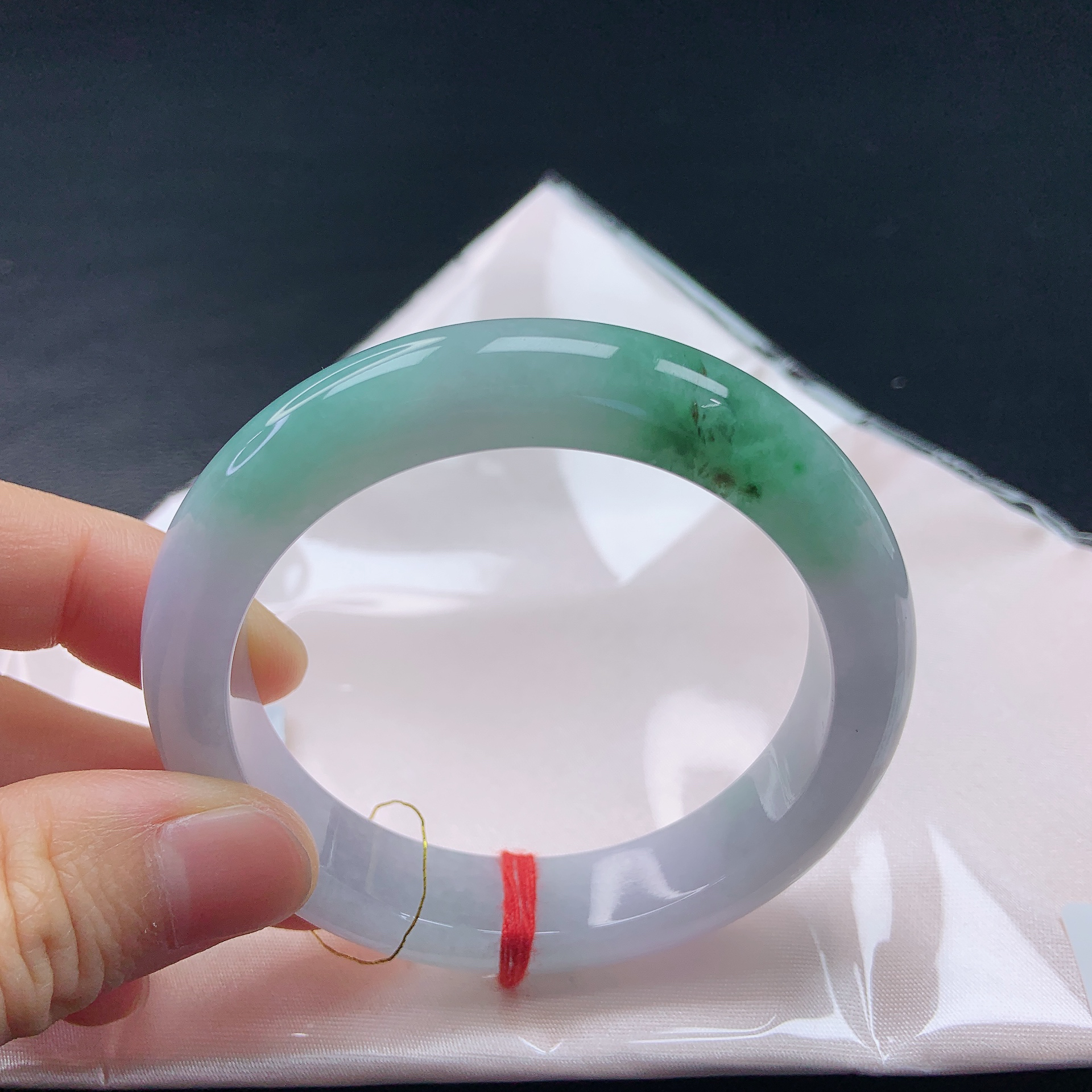 55➕圈冰种春带彩飘花翡翠手镯缅甸天然a货