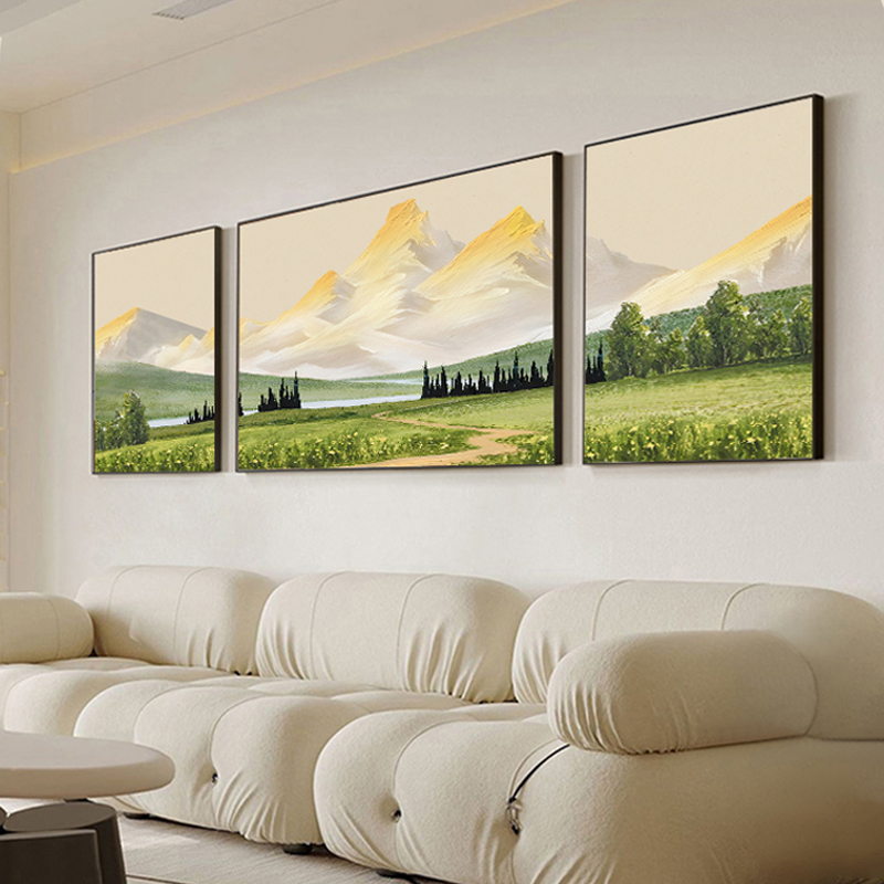 北欧风客厅装饰画三联画绿色风景山水壁画日照金山沙发背景墙挂画