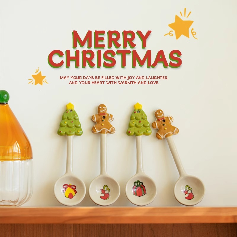 肆月执语圣诞树造型陶瓷勺子可爱姜饼人甜品勺家用调羹西餐勺汤勺
