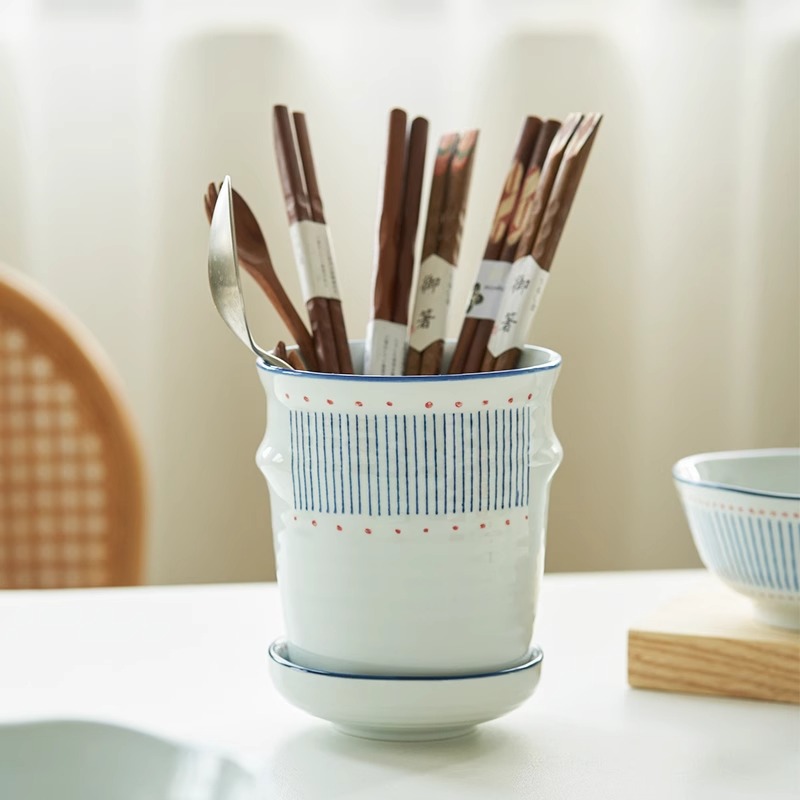 肆月蓝缕日式手绘陶瓷筷子筒家用厨房收纳笼沥水架筷笼筷子篓防霉