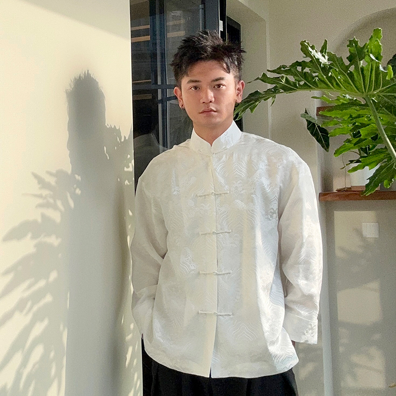 三重门 皓月 新款混纺真丝桑蚕丝中式唐装外套男装日常百搭民国风