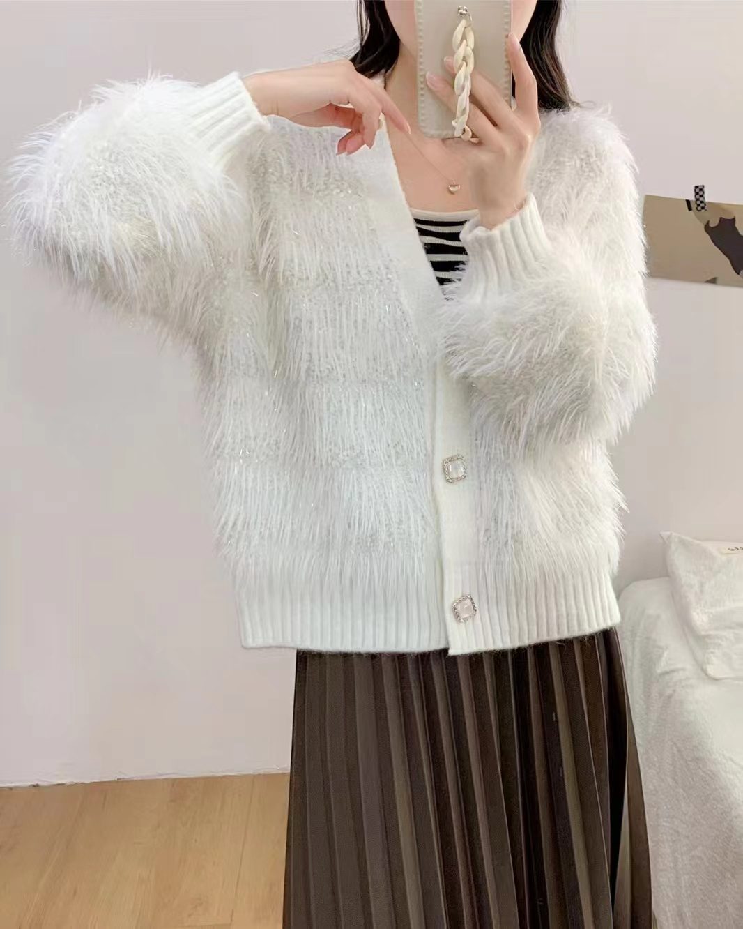 H.H秋冬仿水貂金线针织毛衣外套百搭气质