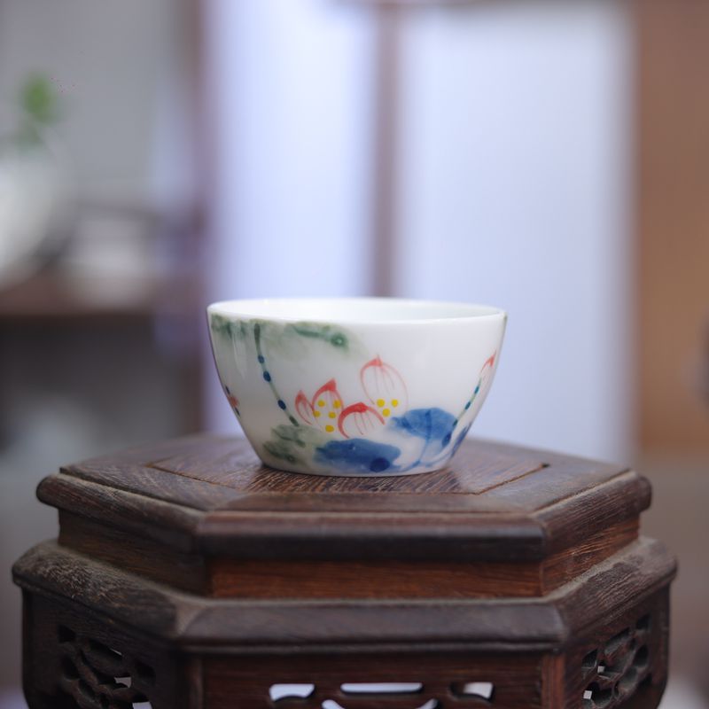 功夫茶具陶瓷茶杯釉下青花纯手绘茶盏五彩荷花马蹄杯主人杯品茗杯