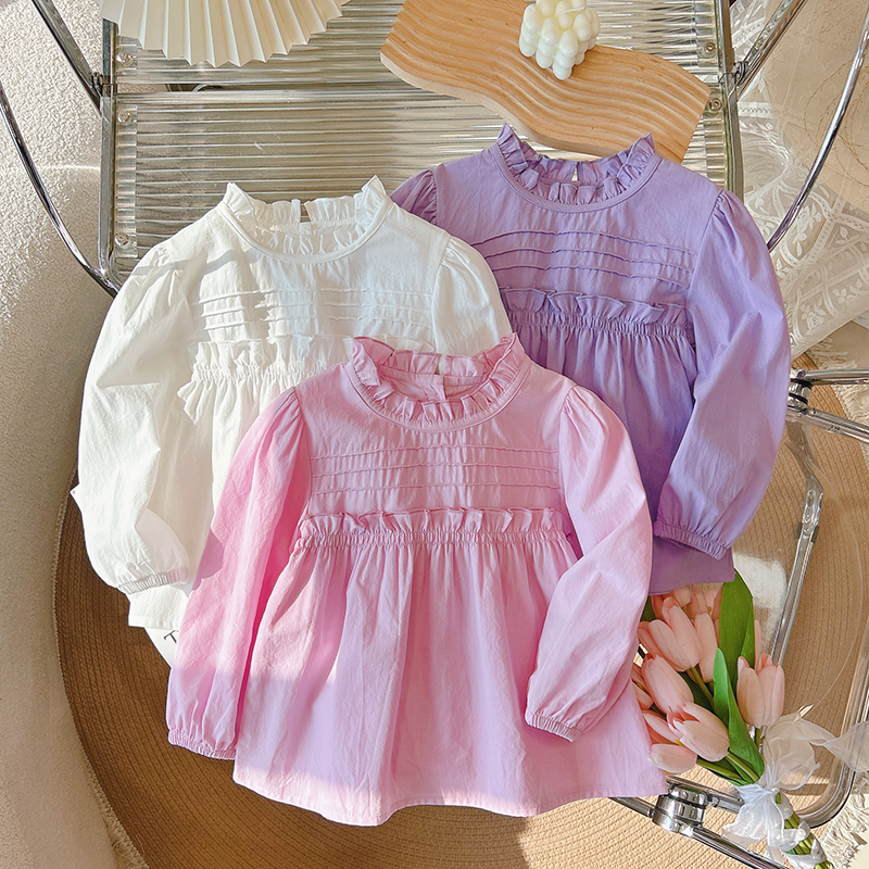 儿童新款纯棉女童衬衫衬衣春秋长袖花边圆领娃娃衫欧若风童装