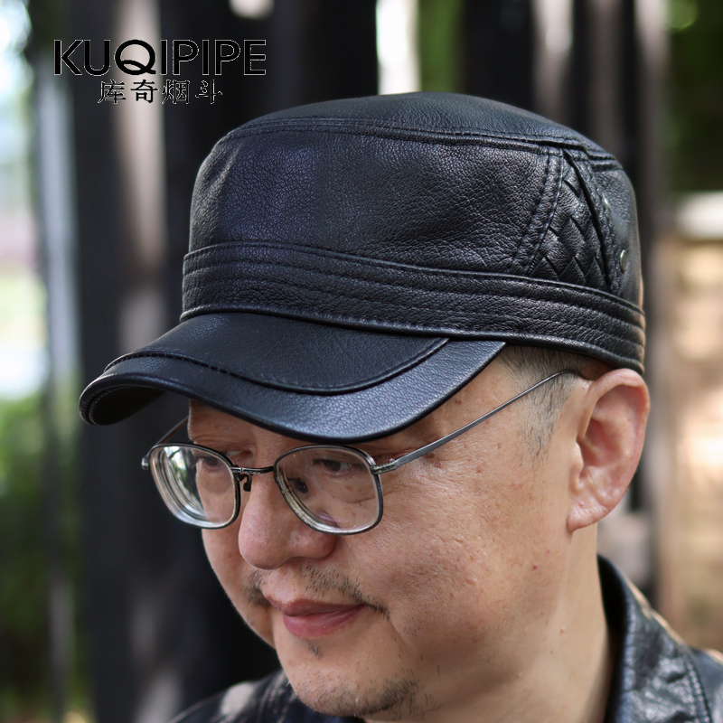 真皮平顶帽男韩版羊皮秋冬军帽潮时尚海军帽报童帽帽子休闲机车帽