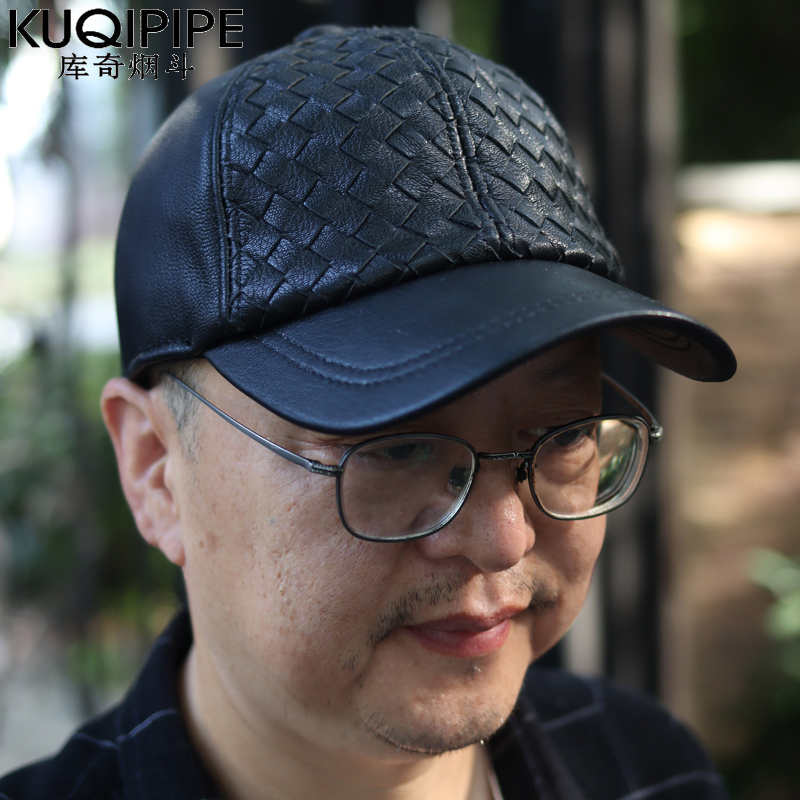 棒球帽子男单层真皮格纹中老年秋冬季冬天可调节老人男士休闲鸭舌