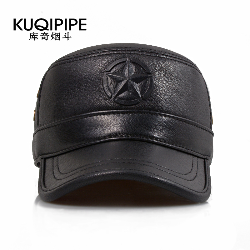 平顶帽男韩版中年羊皮春秋中老年潮时尚机车休闲皮帽子男款真皮