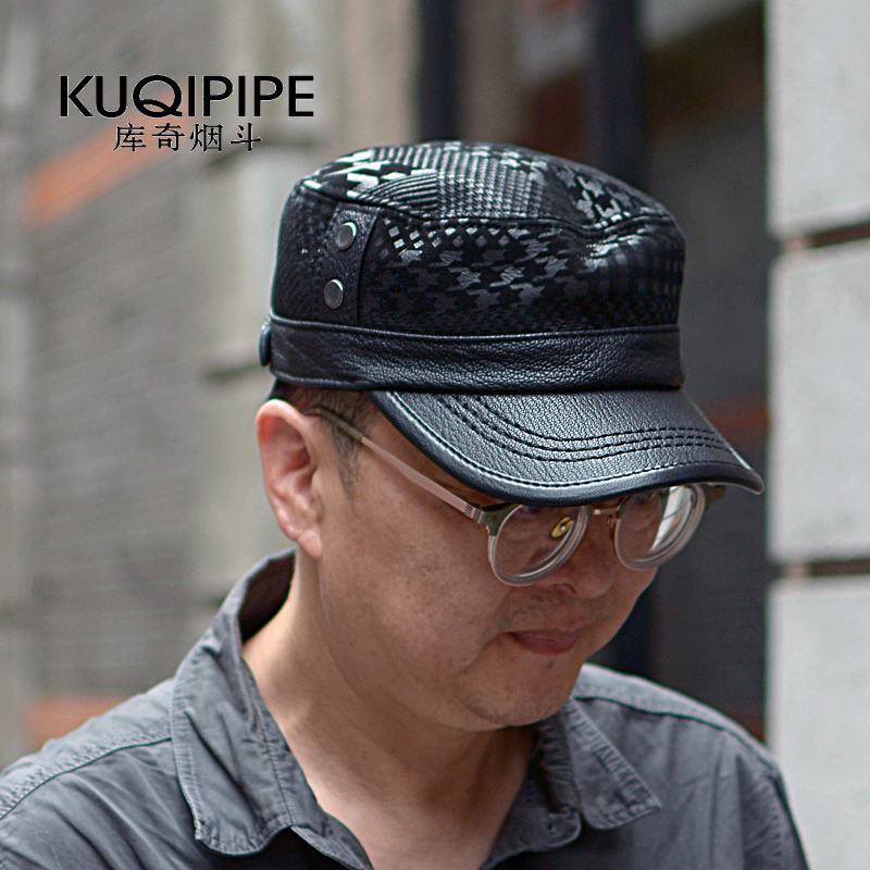 平顶帽子男韩版中年羊皮春秋中老年潮时尚机车休闲薄款帽子男款