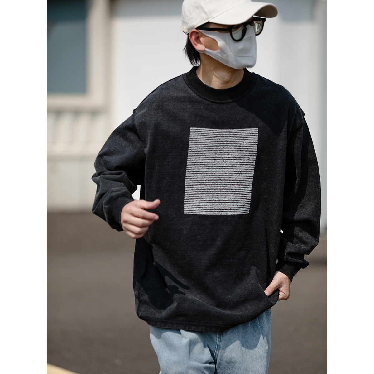 秋季新款双面穿复古文字印花T恤宽松长袖圆领港风ins潮流 LF24290