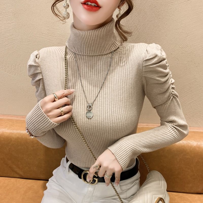 堆堆高领毛衣打底衫女2023秋冬新款修身褶皱泡泡袖上衣套头针织衫