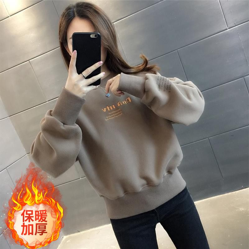 春秋加绒卫衣女2023秋冬新款韩版短款加厚宽松百搭小个子套头上衣