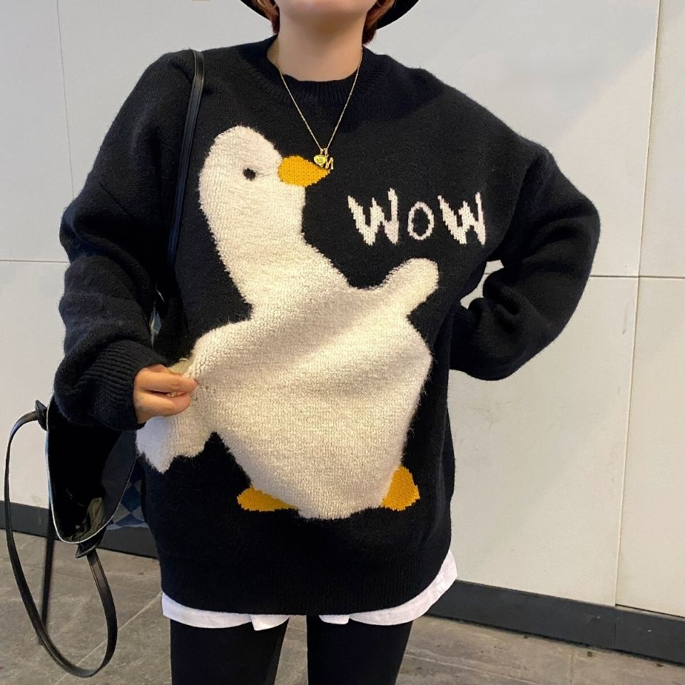 秋冬网红蘑菇头小姐2023秋季新款韩版宽松显瘦立体提花鸭套头毛衣