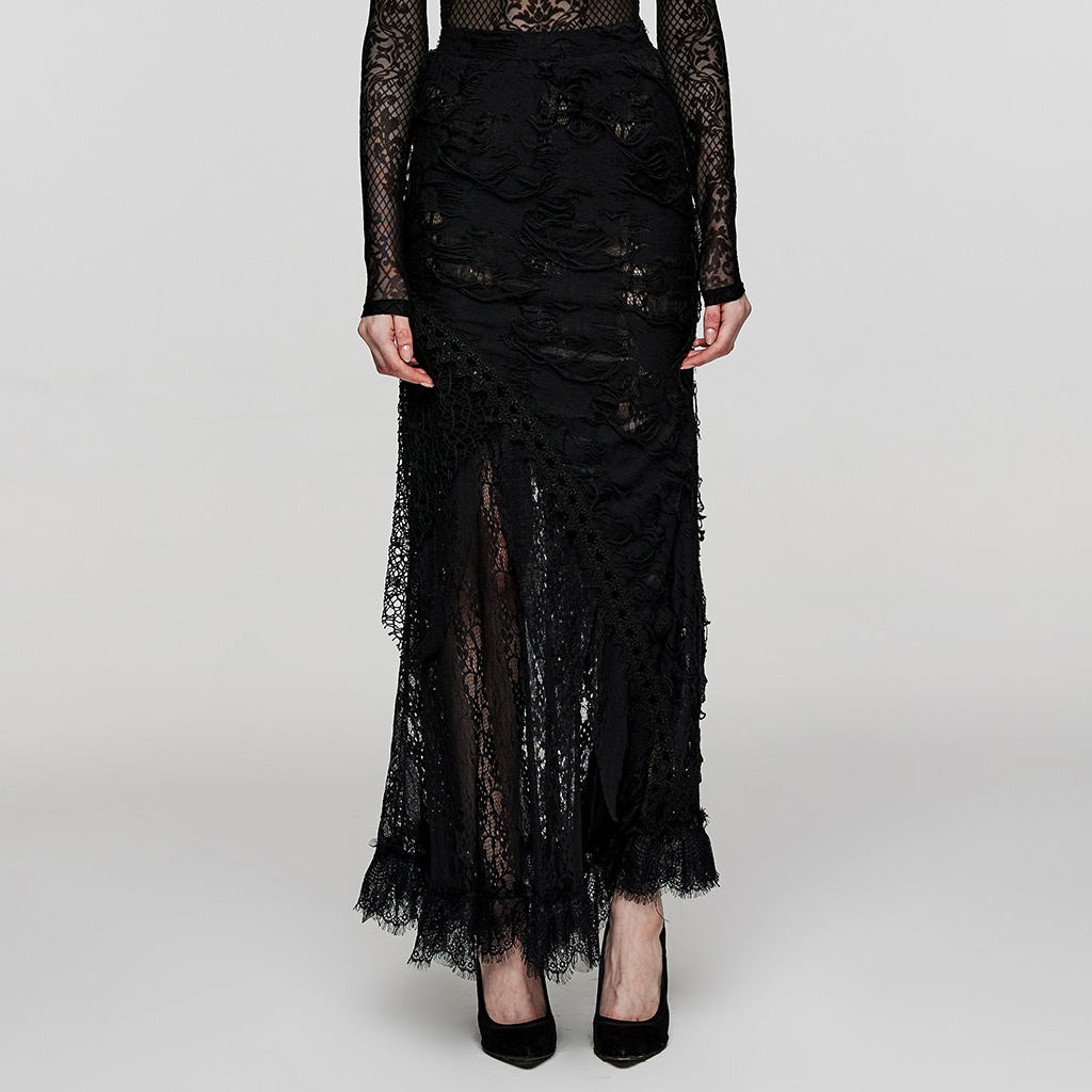 PUNK RAVE哥特女巫蕾丝气质黑色长款重工优雅蕾丝半身裙WQ-673BQF