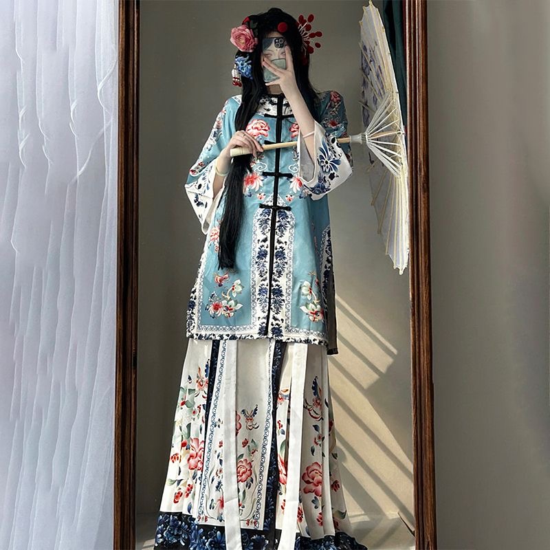 清汉女格格汉服对襟印花圆领古董氅衣民族服饰马面原创重工改良版