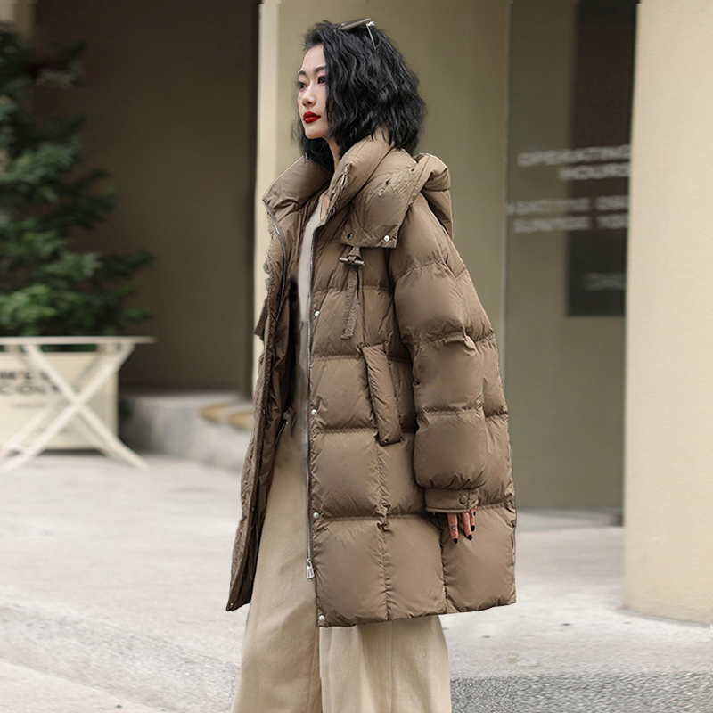  洋气中长款棉服女2025冬季新款连帽棉衣棉袄外套宽松加厚面包服
